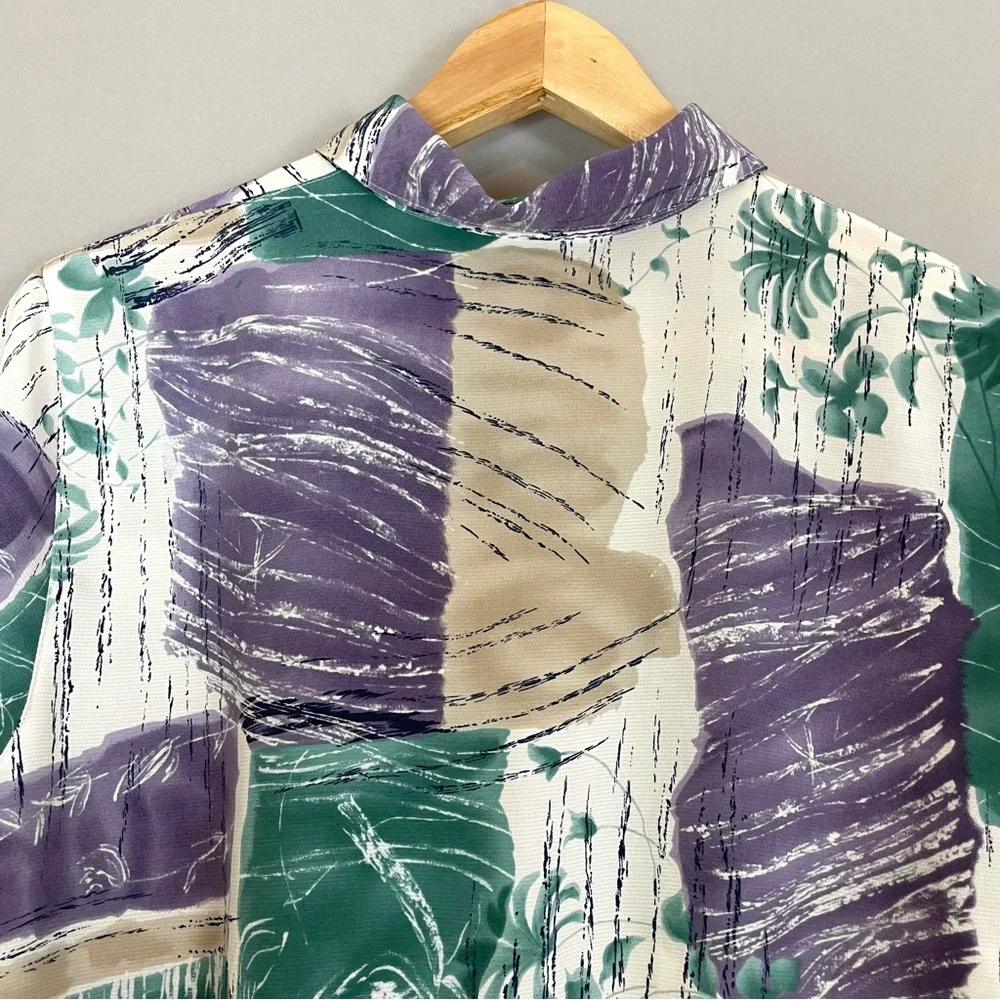 Vintage Blouse Women Abstract Tropical Polo Long Sleeve‎ Collar Shirred Smocked